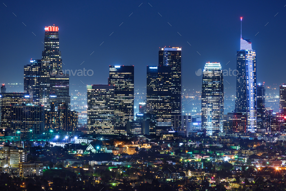 Downtown Los Angeles skyline at night - Stock Photo - Images