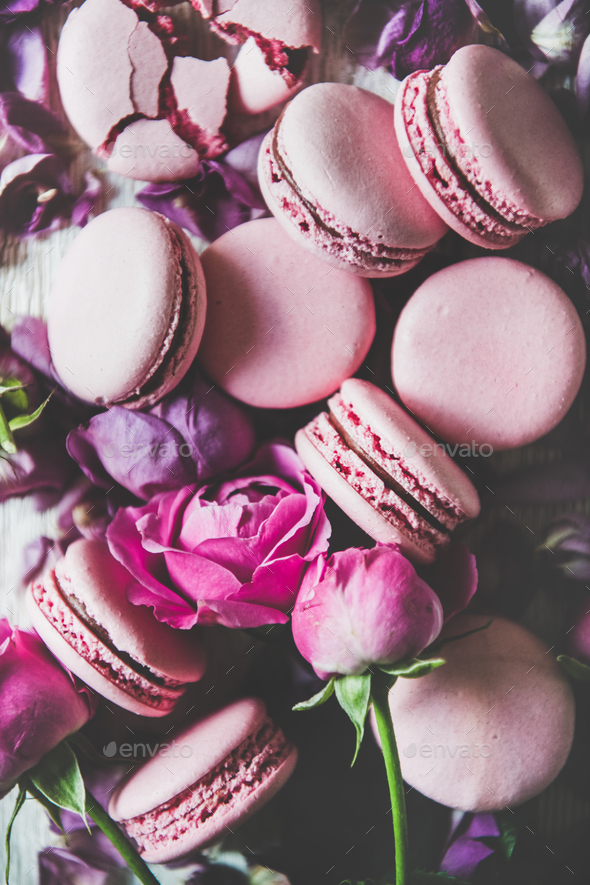 Sweet Pink Macaron Cookies And Rose Flowers Buds And Petals Stock Photo By Sonyakamoz