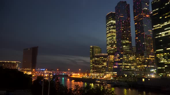 Business Center on the River Bank at Night