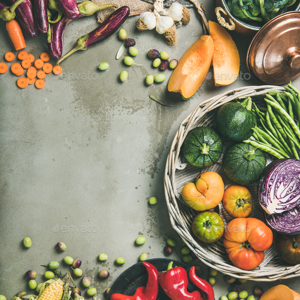 Healthy vegetarian seasonal Fall food cooking background, square crop - Stock Photo - Images