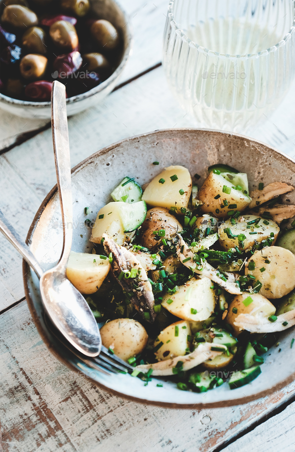 Healthy greek light summer lunch with white wine - Stock Photo - Images