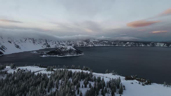 Drone video of Wizard Island on Crater Lake, Oregon, aerial shot of caldera lake alt