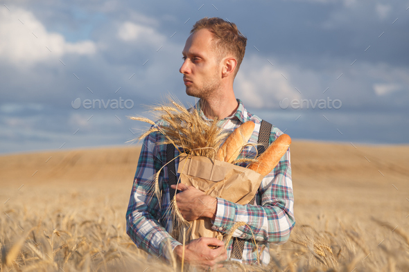 Male farmer or baker with baguettes in rye, wheat field