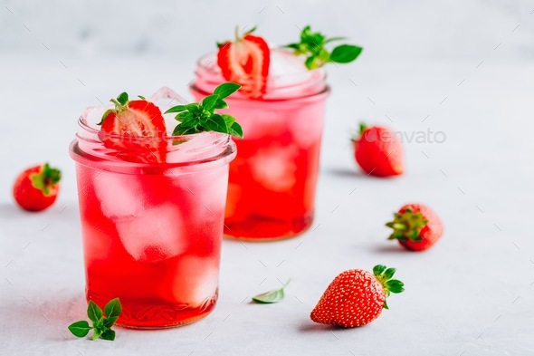 Strawberry Basil Iced Tea Or Lemonade In A Jars Stock Images Page Everypixel