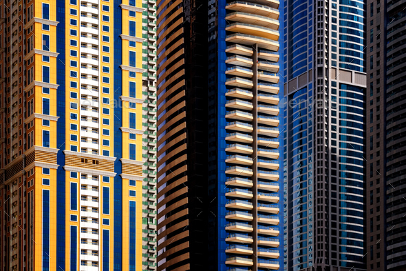 Detail of world tallest residential buildings. Dubai marina, United Arab Emirates. - Stock Photo - Images