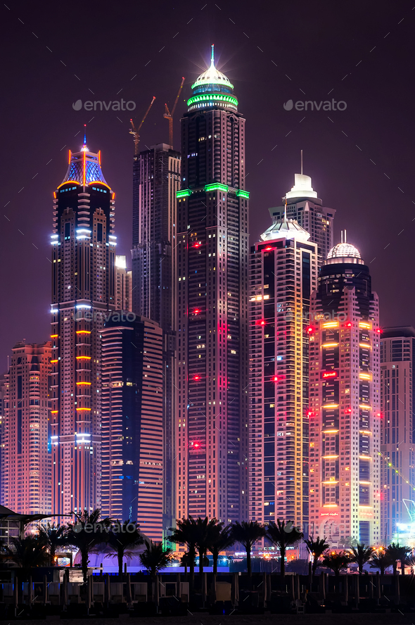 Night dubai marina skyline with tallest buildings. Dubai, United Arab Emirates - Stock Photo - Images