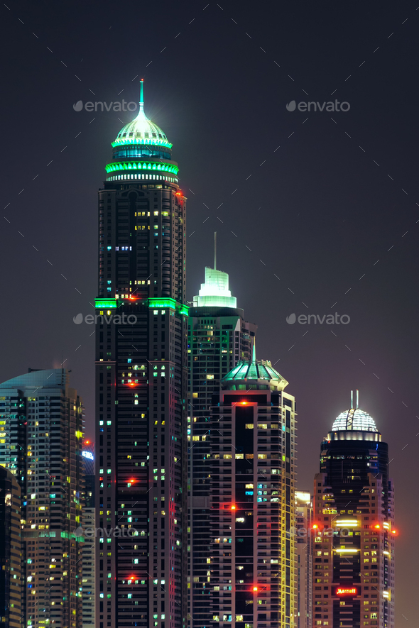 Majestic colorful dubai marina skyline during night. Dubai marina, United Arab Emirates. - Stock Photo - Images
