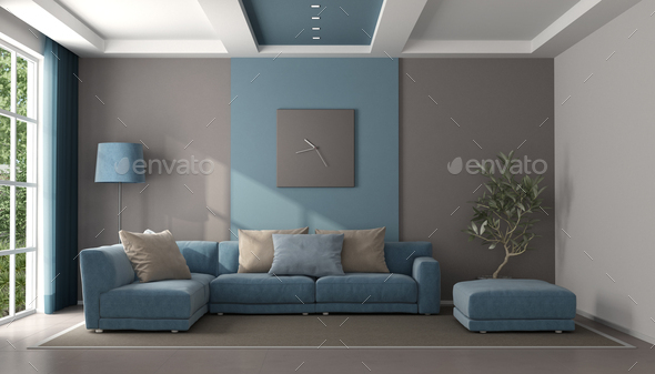 Minimalist Blue And Brown Living Room Stock Photo By Archideaphoto
