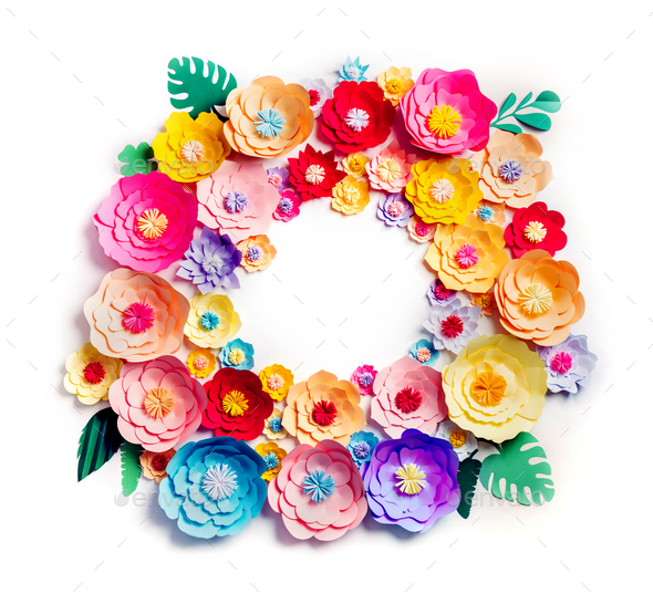 Colorful handmade paper flowers wreath