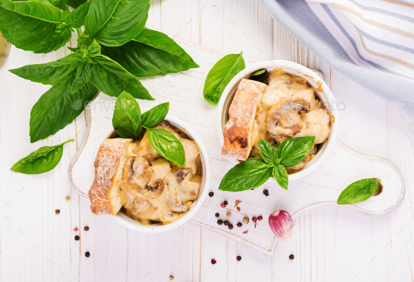 Baked Mushroom Julienne With Chicken Cheese And Toast In Pots Top View Stock Photo By Timolina