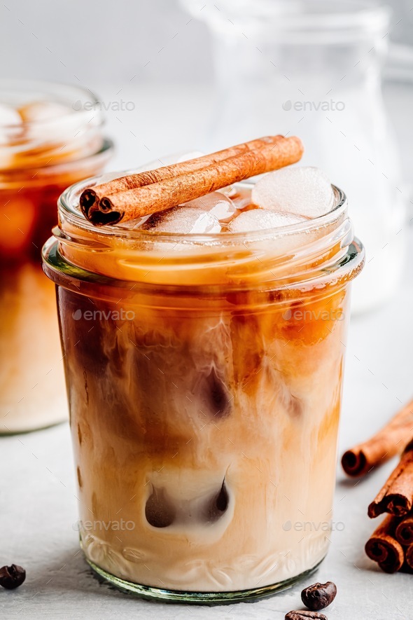 Vanilla Cinnamon Iced Coffee in glass jars