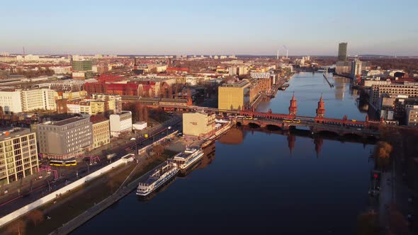 Amazing Oberbaum Bridge in Berlin at Sunset  Aerial View alt