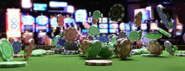 Poker chips falling on green felt roulette table, blur casino interior background. 3d illustration - Stock Photo - Images