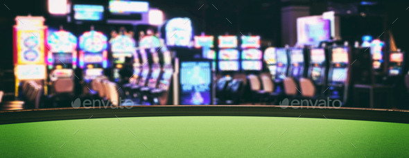 Casino slot machines, green felt roulette table closeup view. 3d illustration