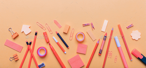 School office supplies background. Back to school. Pastel color stationery  flat lay, top view. Stock Photo by rawf8