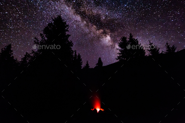 A fire in the camp in the forest under a starry sky. Milky Way - Stock Photo - Images