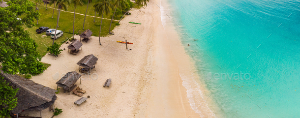 Port Orly sandy beach with palm trees, Espiritu Santo Island, Va - Stock Photo - Images