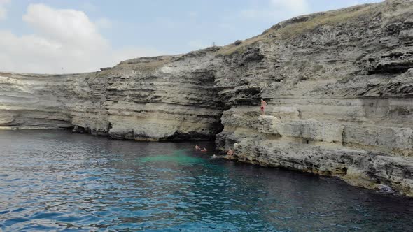 Aerial View of the Grotto in a Sheer Cliff Cape Tarkhankut Black Sea Crimean Peninsula alt