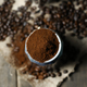 Coffee beans ground coffee in mokapot with wood background - PhotoDune Item for Sale