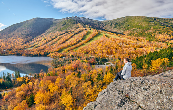 Woman hiking at Artist's Bluff in autumn - Stock Photo - Images