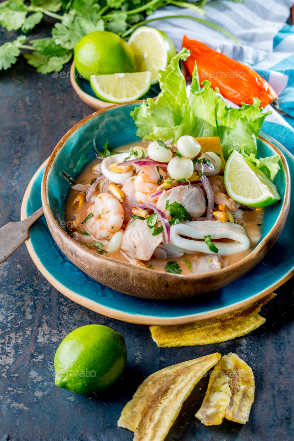 PERUVIAN CEVICHE SEBICHE. Peruvian seafood and fish ceviche with maize ...