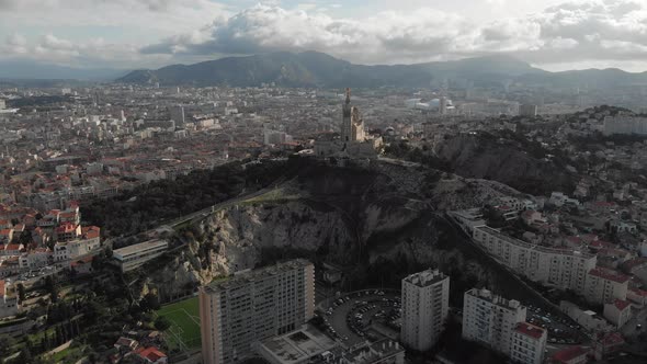 Aerial view of the basilica Notre Dame de la Garde in Marseille. France 2020 alt