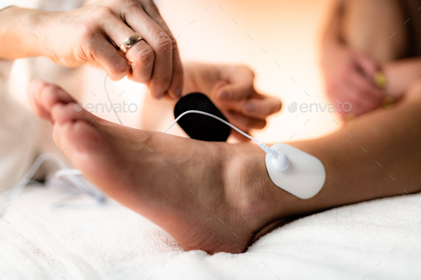Ankle Joint Physical Therapy with TENS Electrode Pads, Transcutaneous Electrical Nerve Stimulation