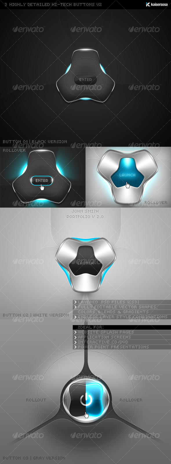 3 Highly Detailed Hi-Tech Buttons v2 - Web Elements