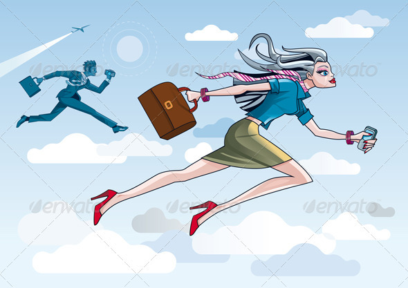Businesswoman Running Through Clouds