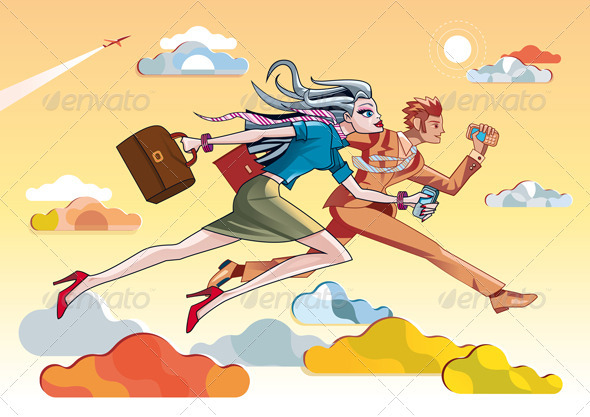 Businesswoman And Businessman Running Orange - Business Conceptual