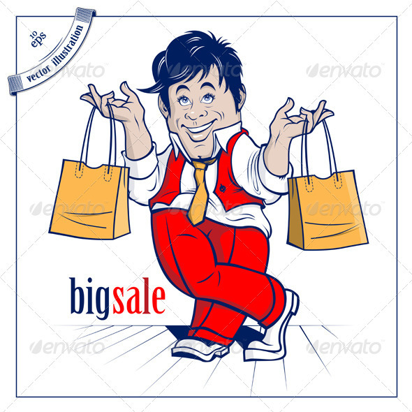 Cartoon Shopping Man. Big Sale 