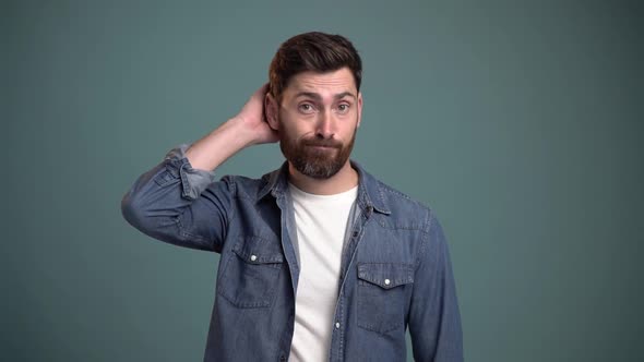 Need to think. Portrait of thoughtful brunette man with beard pondering idea, confused not sure alt