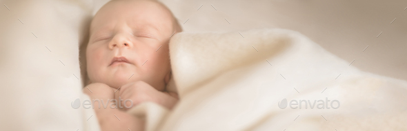Little sleeping newborn baby in wrap creamblanket. 13 days old. Banner with copy space for your text - Stock Photo - Images