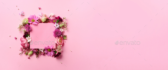 Frame of pink flowers over punchy pastel background. Valentines day, Woman day concept. Spring or - Stock Photo - Images