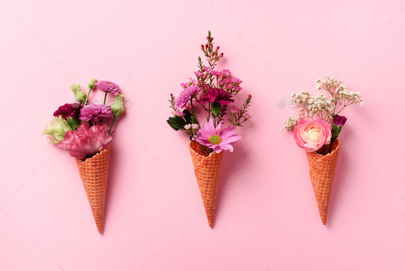 Summer minimal concept. Ice cream cone with pink flowers and leaves on punchy pastel background - Stock Photo - Images