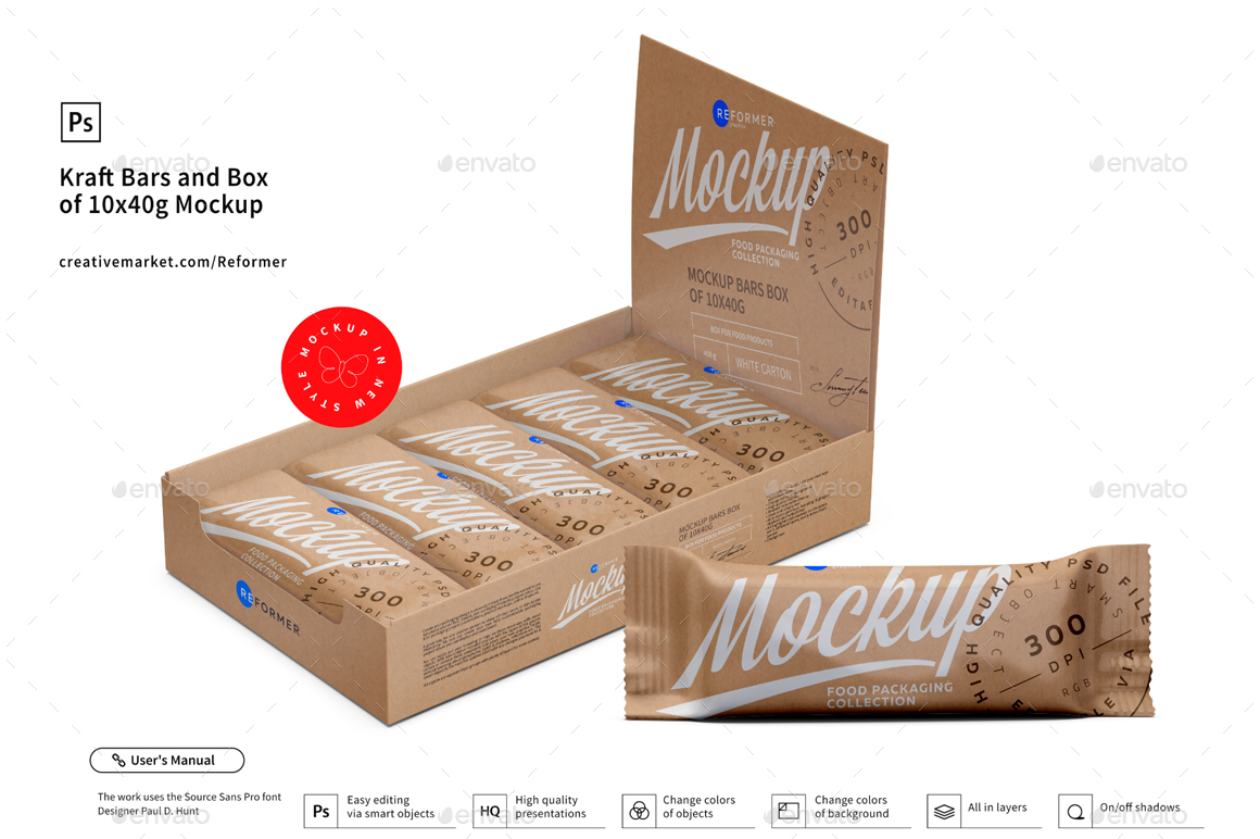 Download Kraft Bars And Box Of 10x40g Mockup By Reformer Graphicriver