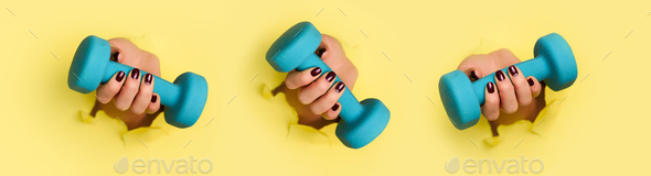 Chaotic pattern of female woman hand holding blue dumbbell on yellow background. Fitness, sport - Stock Photo - Images