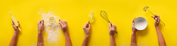 Female hands holding kitchen tools, sieve, rolling pin, bowl, sieve, brush, whisk, spatula for - Stock Photo - Images
