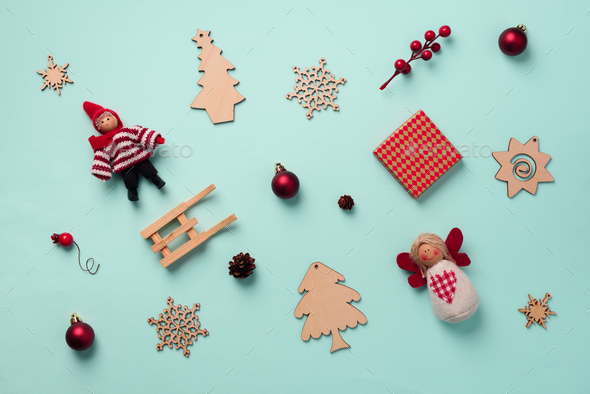 Greeting card for New year party. Christmas gifts, decorative elements and ornaments on blue - Stock Photo - Images