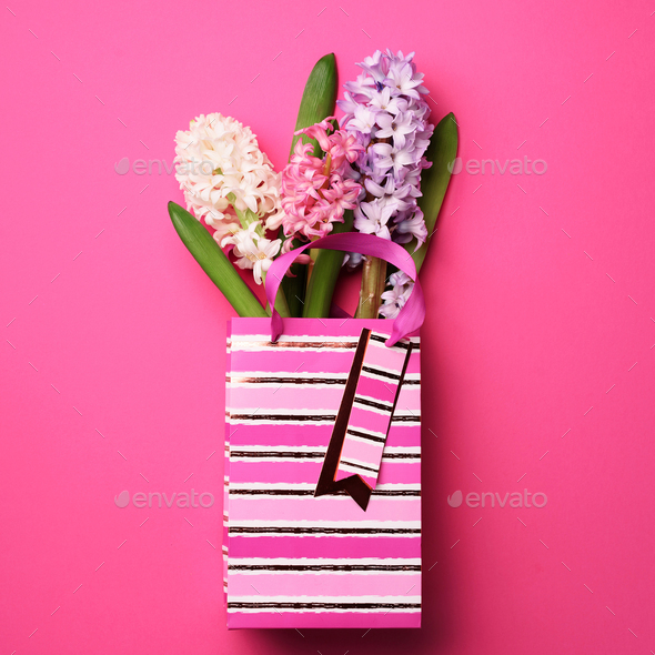 Spring hyacinth flowers in shopping paper bag on pink punchy pastel background. Banner with copy - Stock Photo - Images