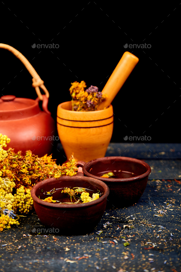 Cup of herbal tea Dry Herbs and flowers, herbal medicine. - Stock Photo - Images