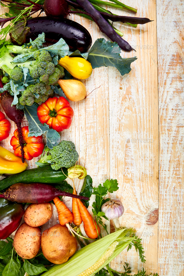 Different vegetables for eating healthy on wooden background. - Stock Photo - Images