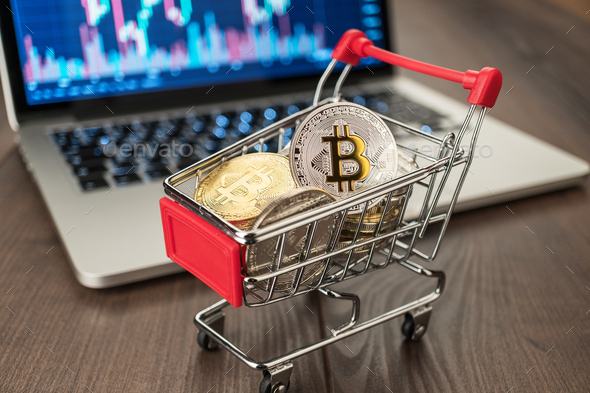 Shopping Trolley With Bitcoins And Pc - Stock Photo - Images