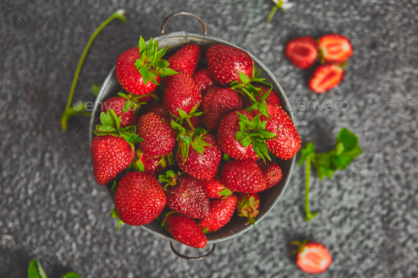 Strawberries in grey bowl. Fresh strawberries. Beautiful strawberries. - Stock Photo - Images