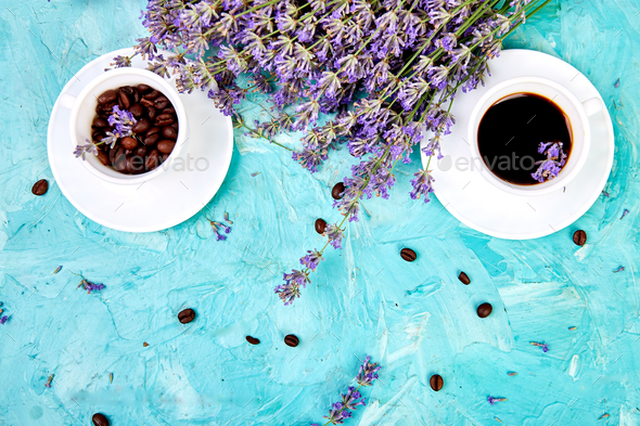 Coffee and lavender flower on blue background from above. - Stock Photo - Images