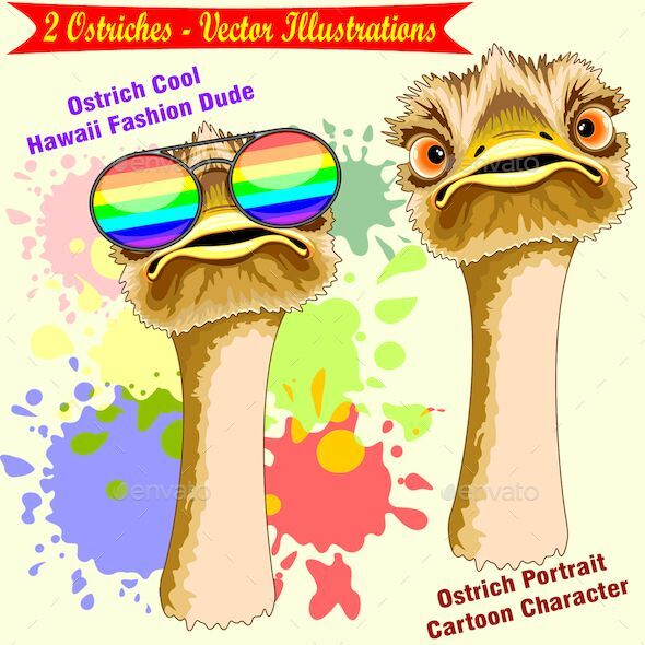 Two Ostriches Funny and Hawaii Fashion Portraits by Bluedarkat |  GraphicRiver