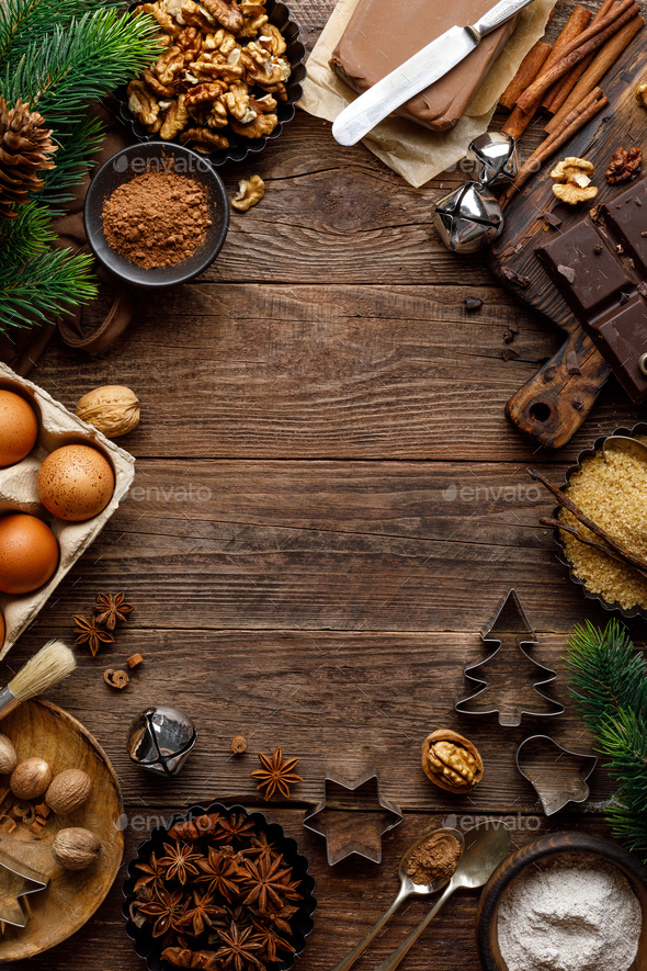 Christmas or new year culinary rustic wooden background - Stock Photo - Images
