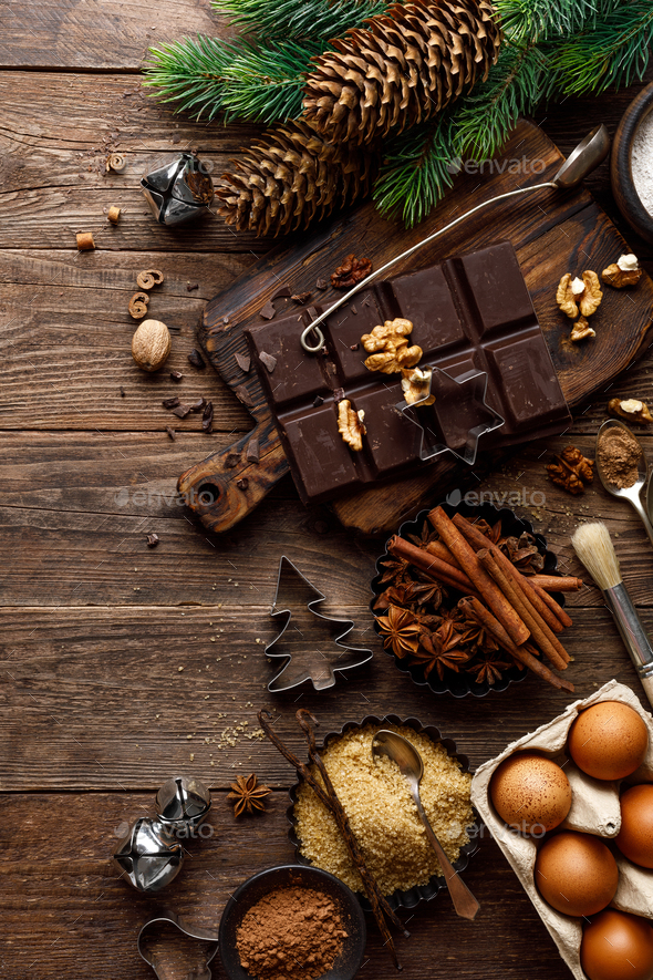 Christmas or new year culinary rustic wooden background - Stock Photo - Images