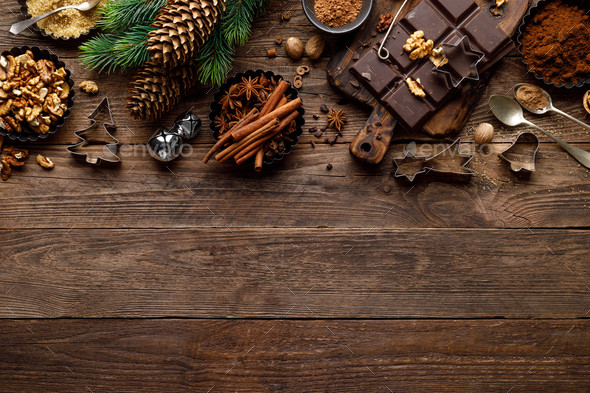 Christmas or new year culinary rustic wooden background - Stock Photo - Images