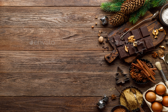 Christmas or new year culinary rustic wooden background - Stock Photo - Images